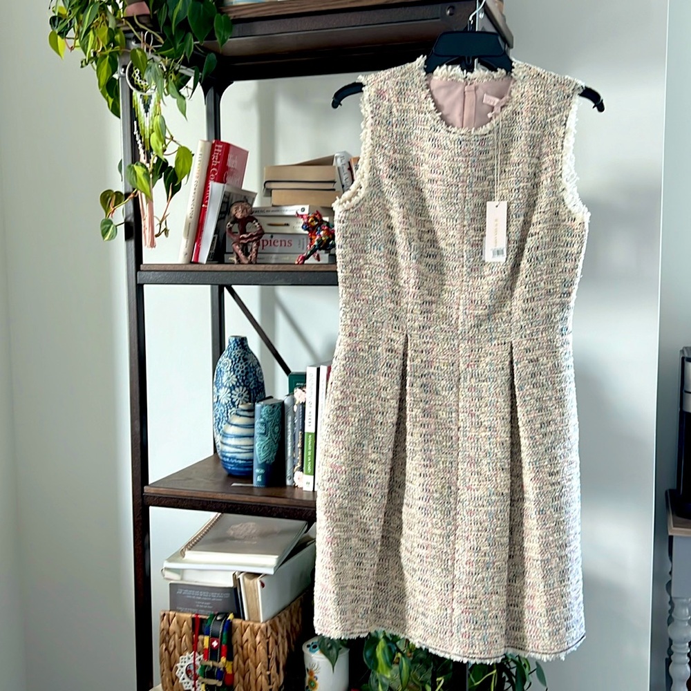 Lovely tweed A-line dress in white and multi. NYT.
